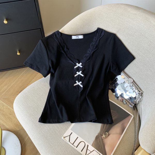 Slim niche V-neck T-shirt lace bow short tops for women